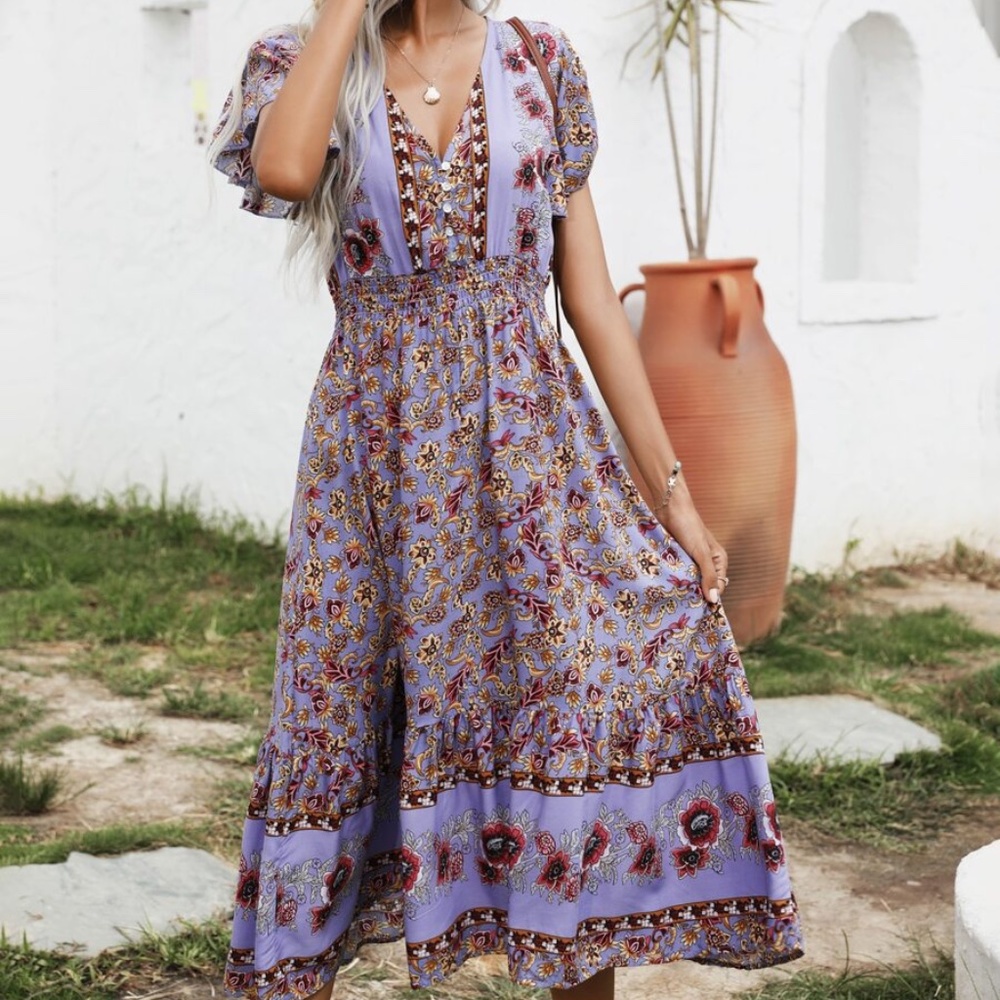 Boho Purple Butterfly Sleeve V neck Midi Dress - Picture 10 of 12